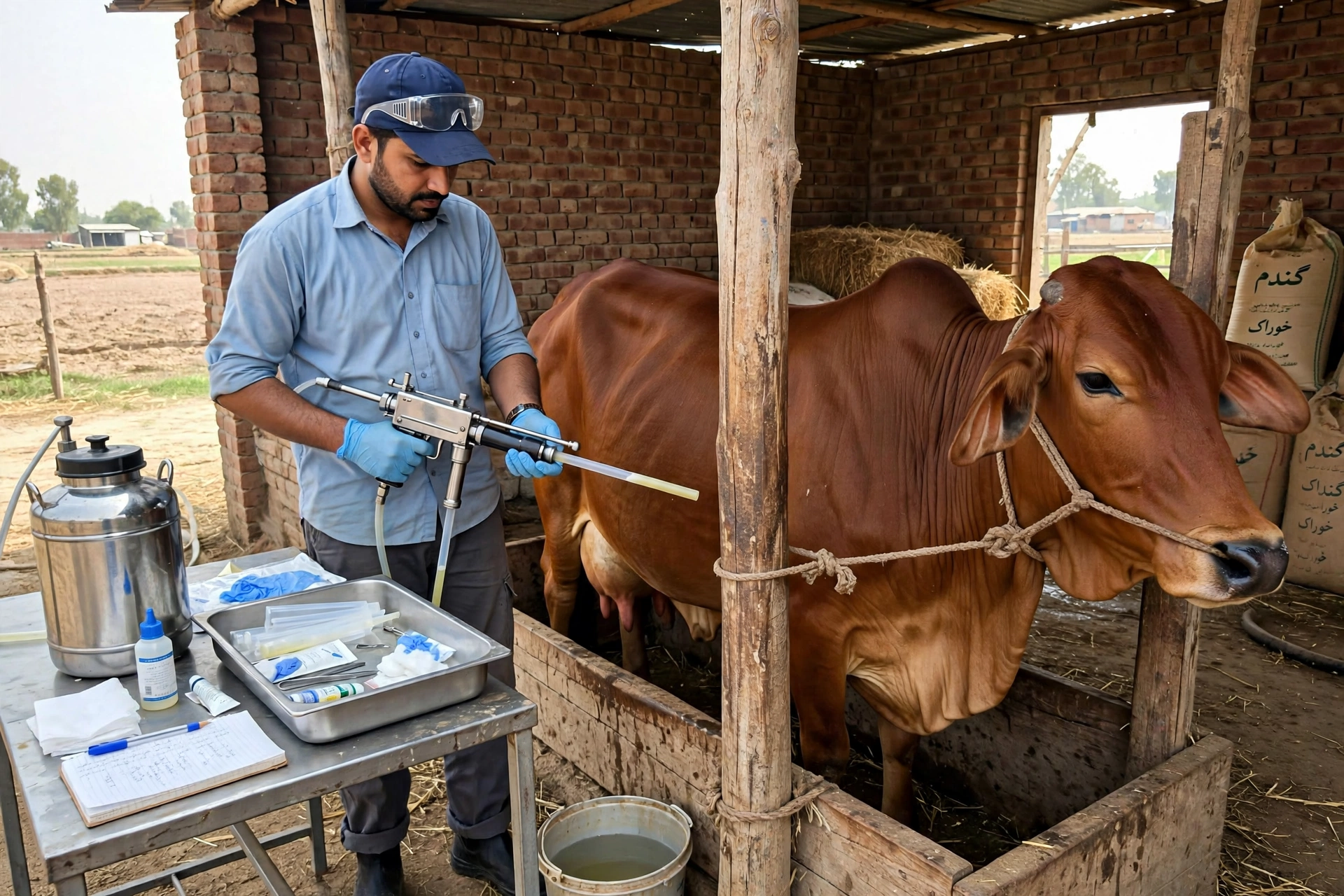 AI technician preparing insemination equipment beside cow