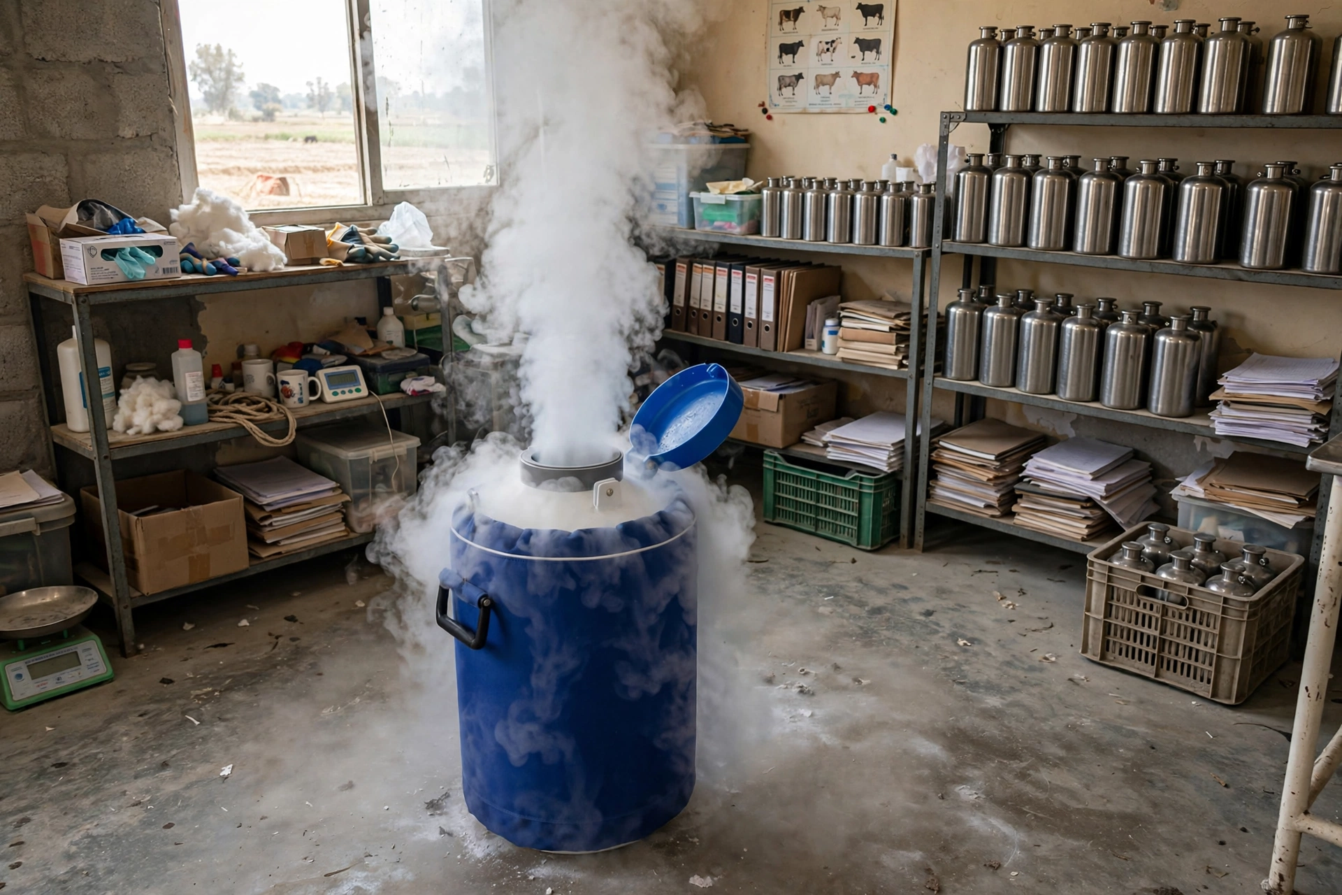 Liquid nitrogen container storing frozen semen straws