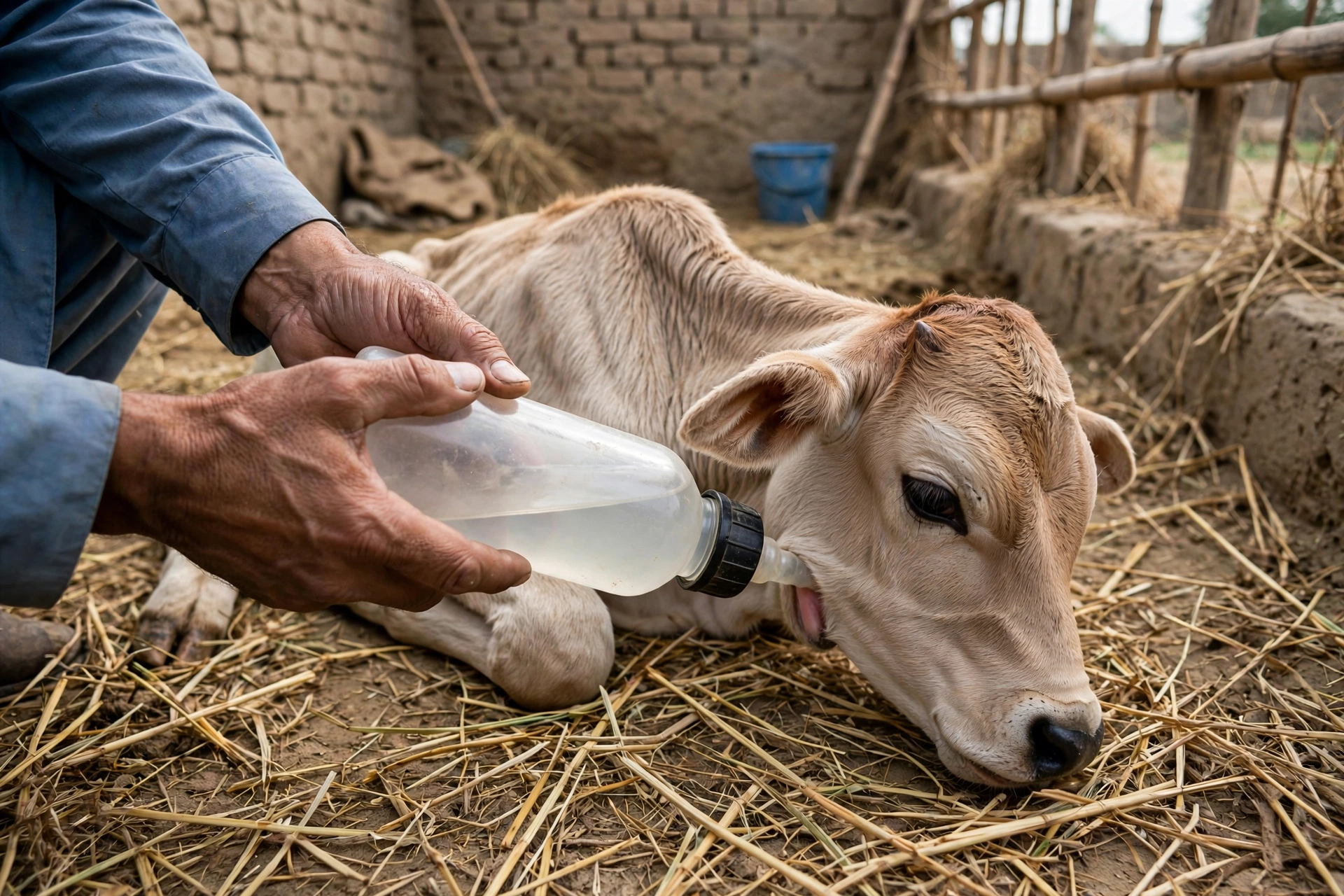 Farmer giving oral rehydration fluids to a weak calf