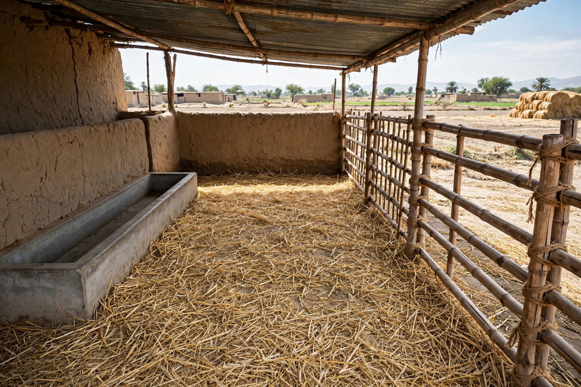Clean dry calf pen with straw bedding and water trough