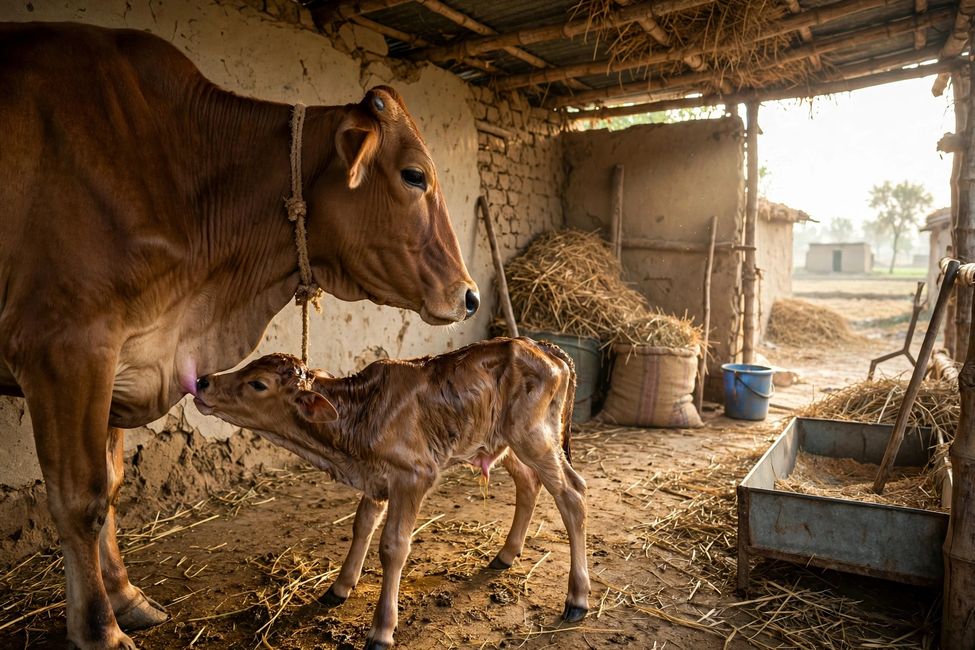 Newborn calf suckling colostrum from its mother