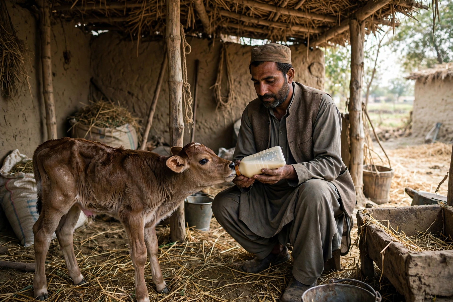 Farmer bottle-feeding colostrum to a young calf