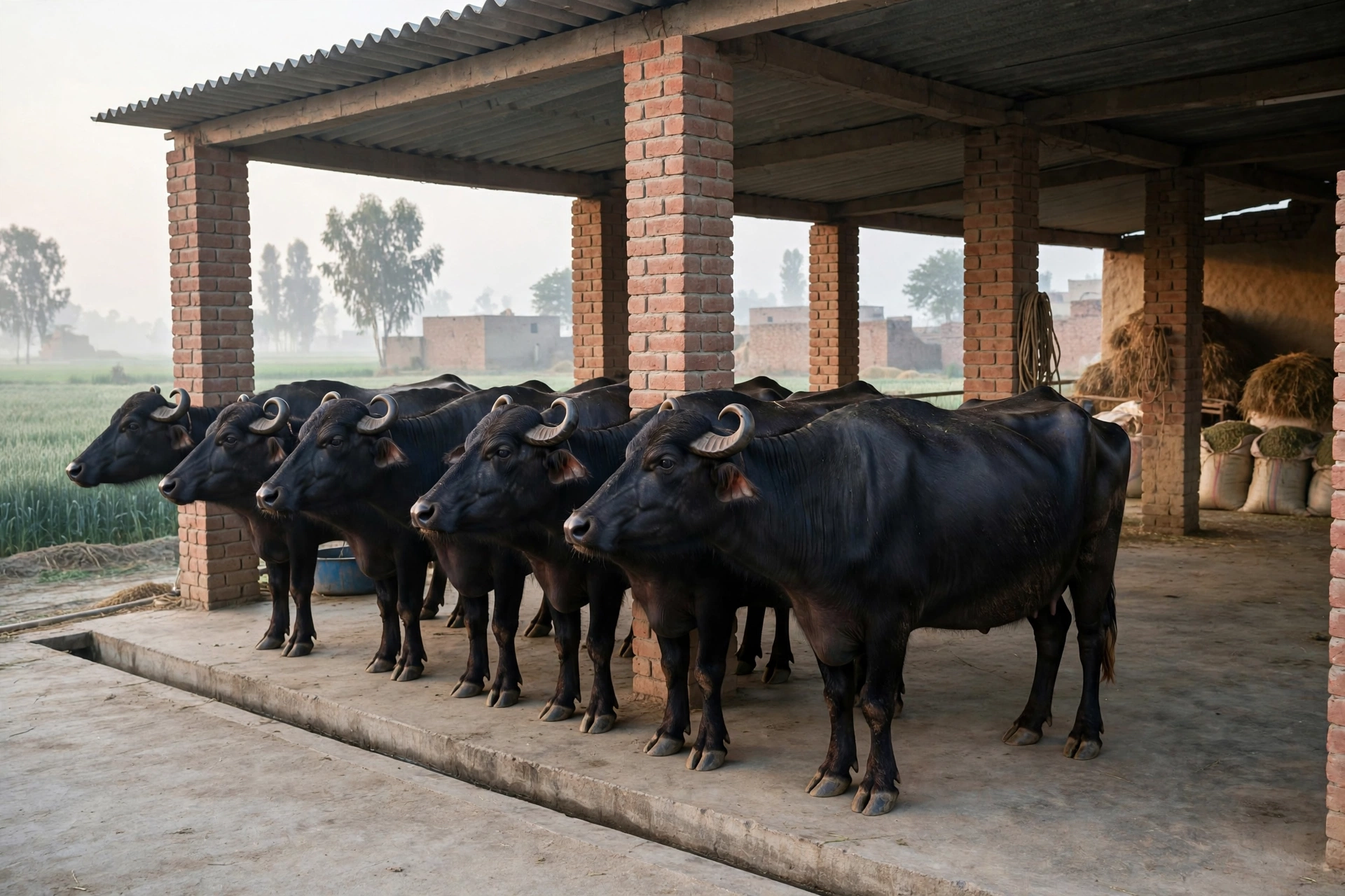 Buffaloes standing under a brick-pillar dairy shed