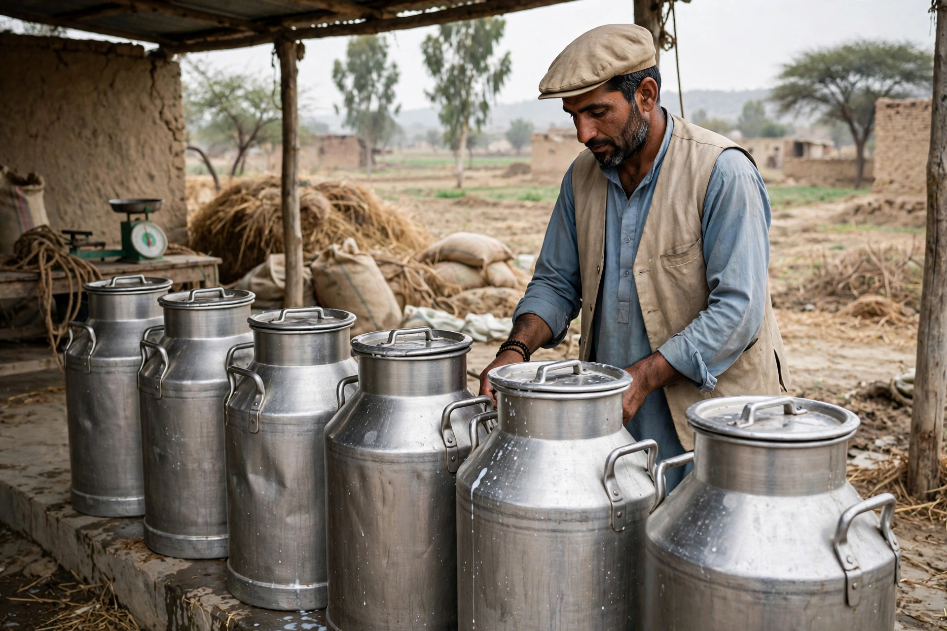Farmer with milk cans ready for collection