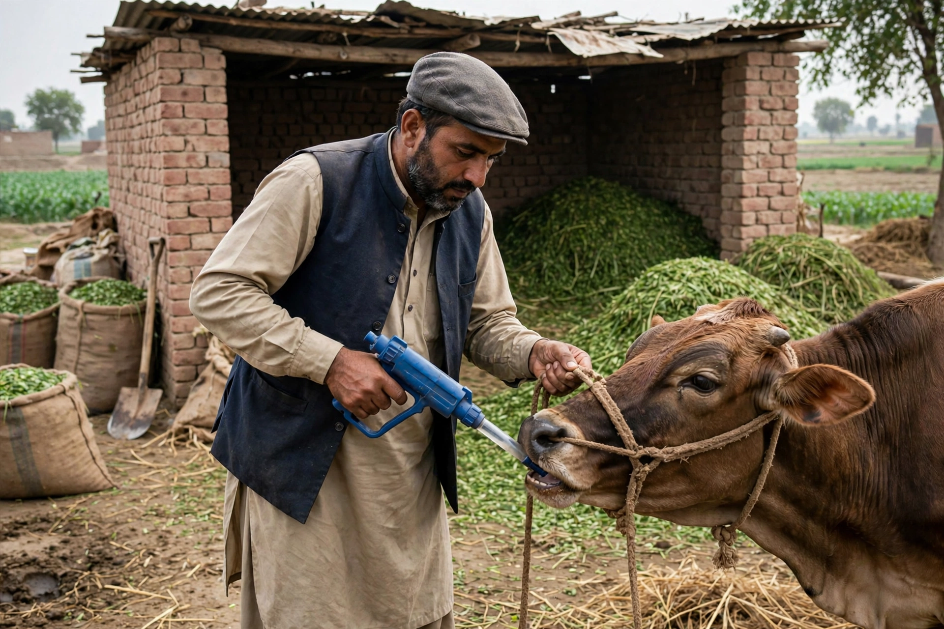 Farmer orally drenching a cow with a drenching gun