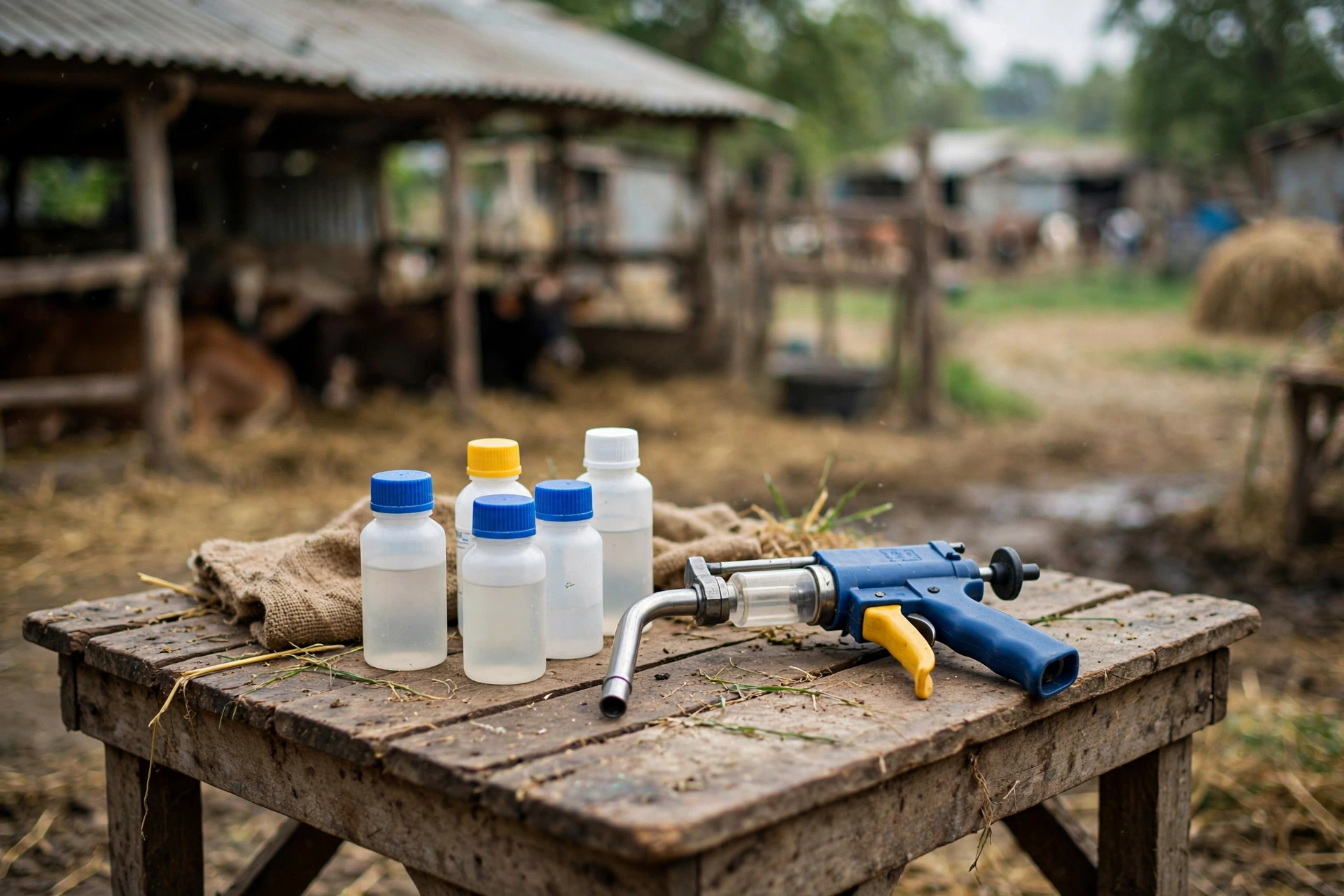 Deworming medicine bottles and drenching gun on a farm table