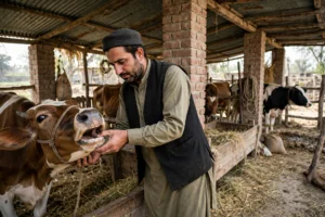 Farmer checking a cow's mouth for FMD lesions