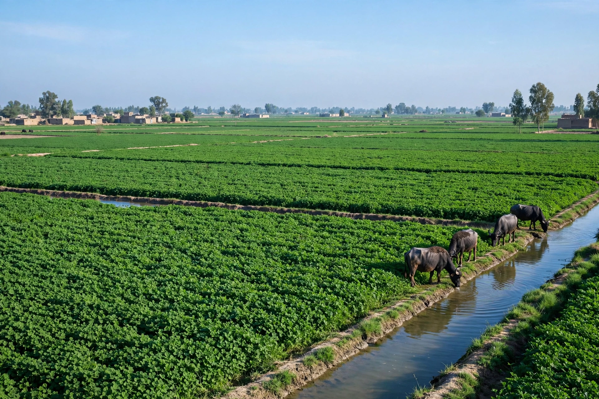 Lush green berseem clover field with irrigation channels