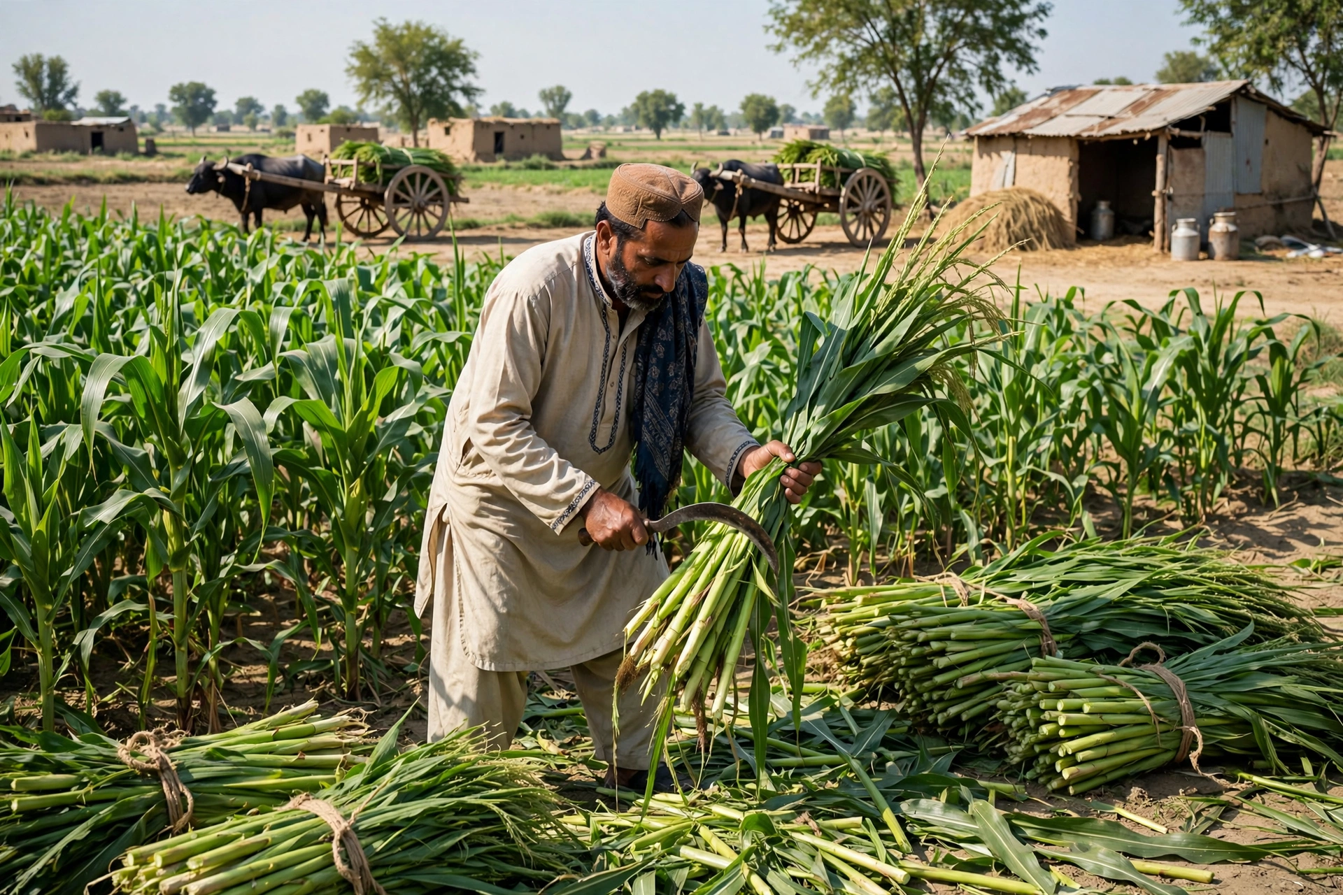 Farmer cutting maize fodder with a sickle in a sunny field