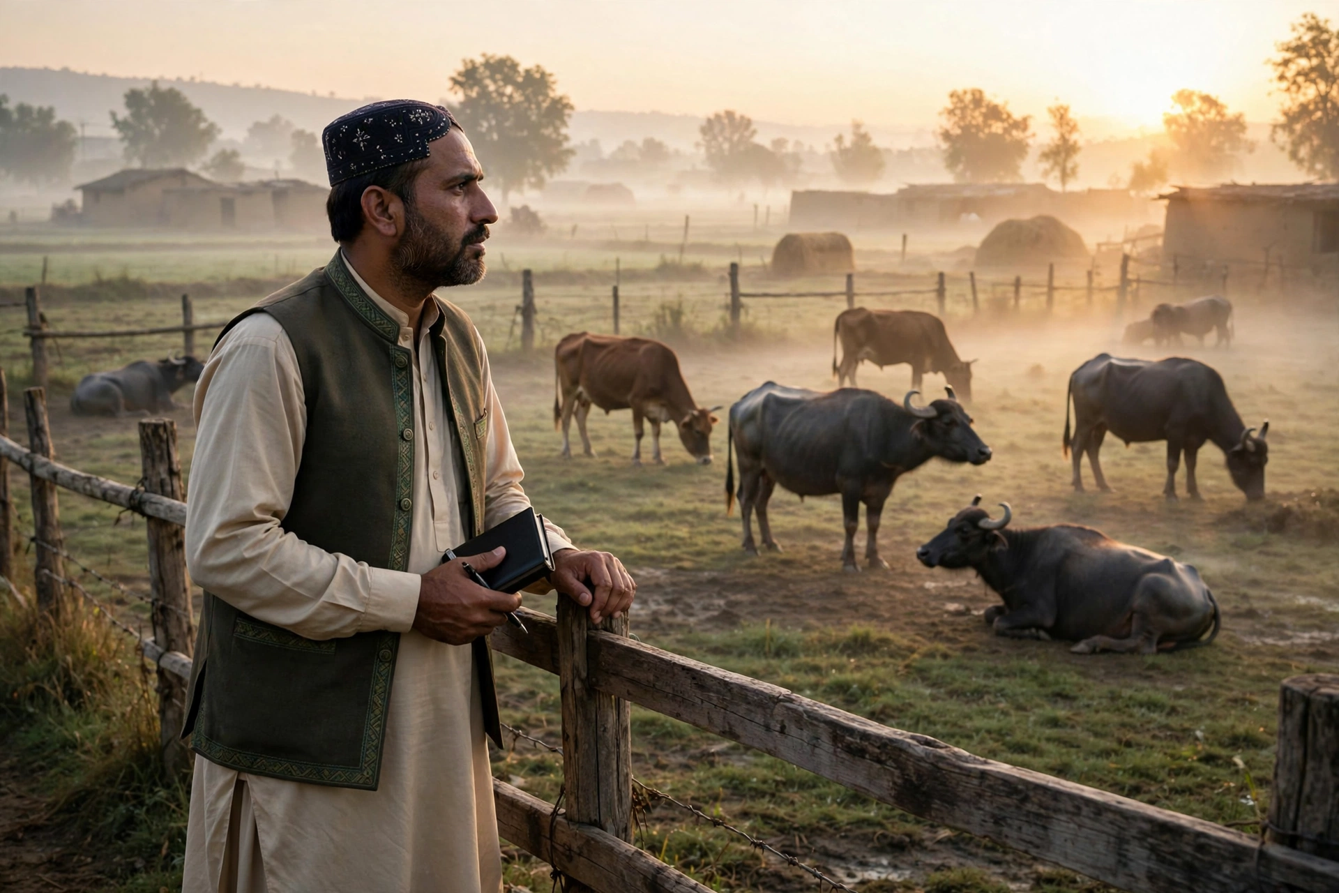 Farmer observing buffalo herd at dawn with notebook