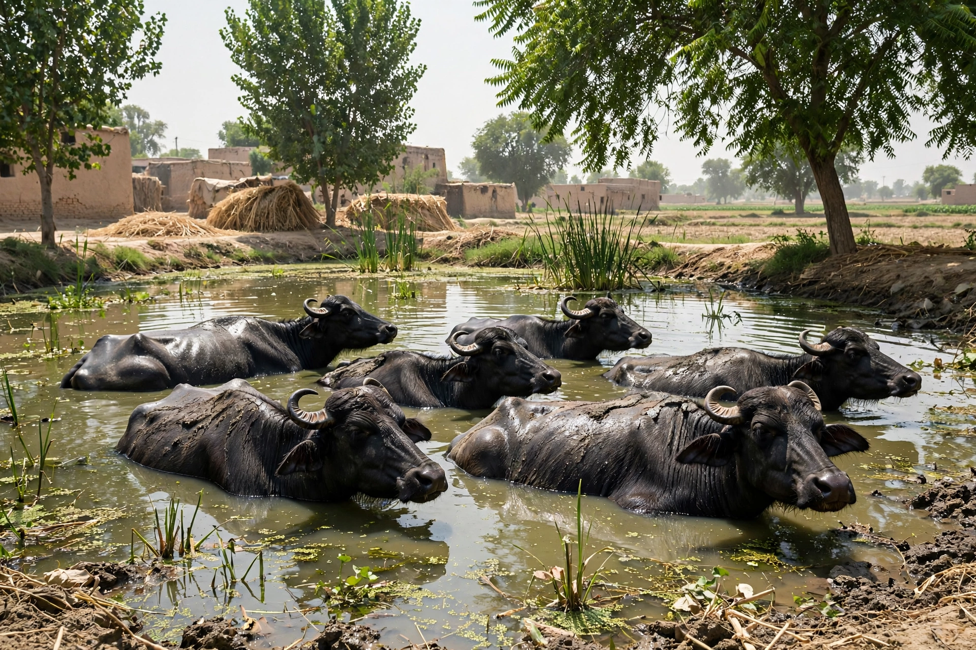 Buffaloes wallowing in a village pond