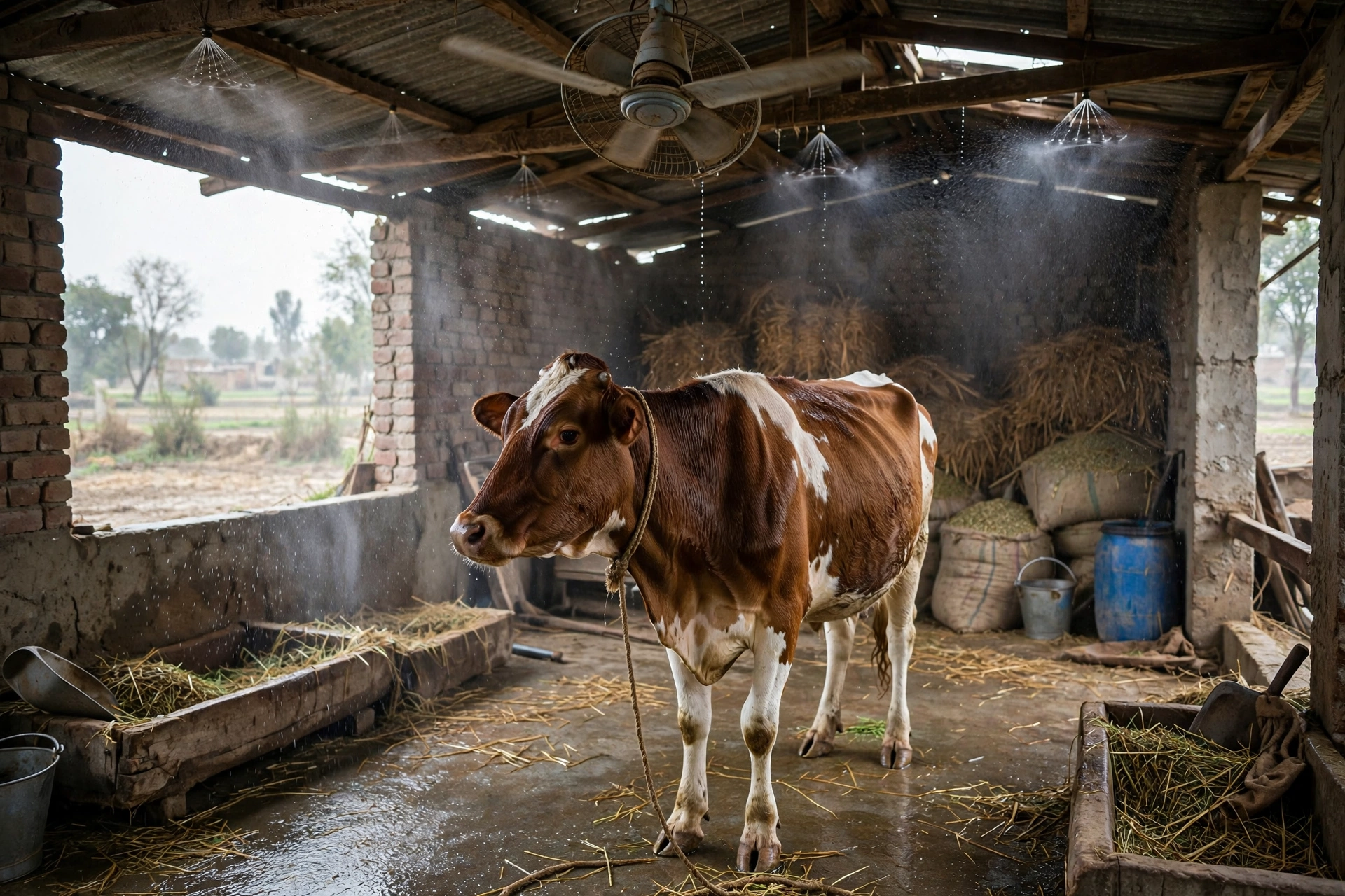 Cow cooled by ceiling fan and water misters in a shed