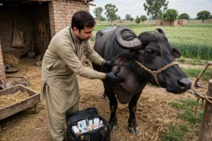Veterinarian examining a buffalo's throat for hemorrhagic septicemia