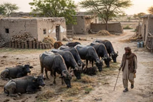 Buffalo herd grazing in a village courtyard