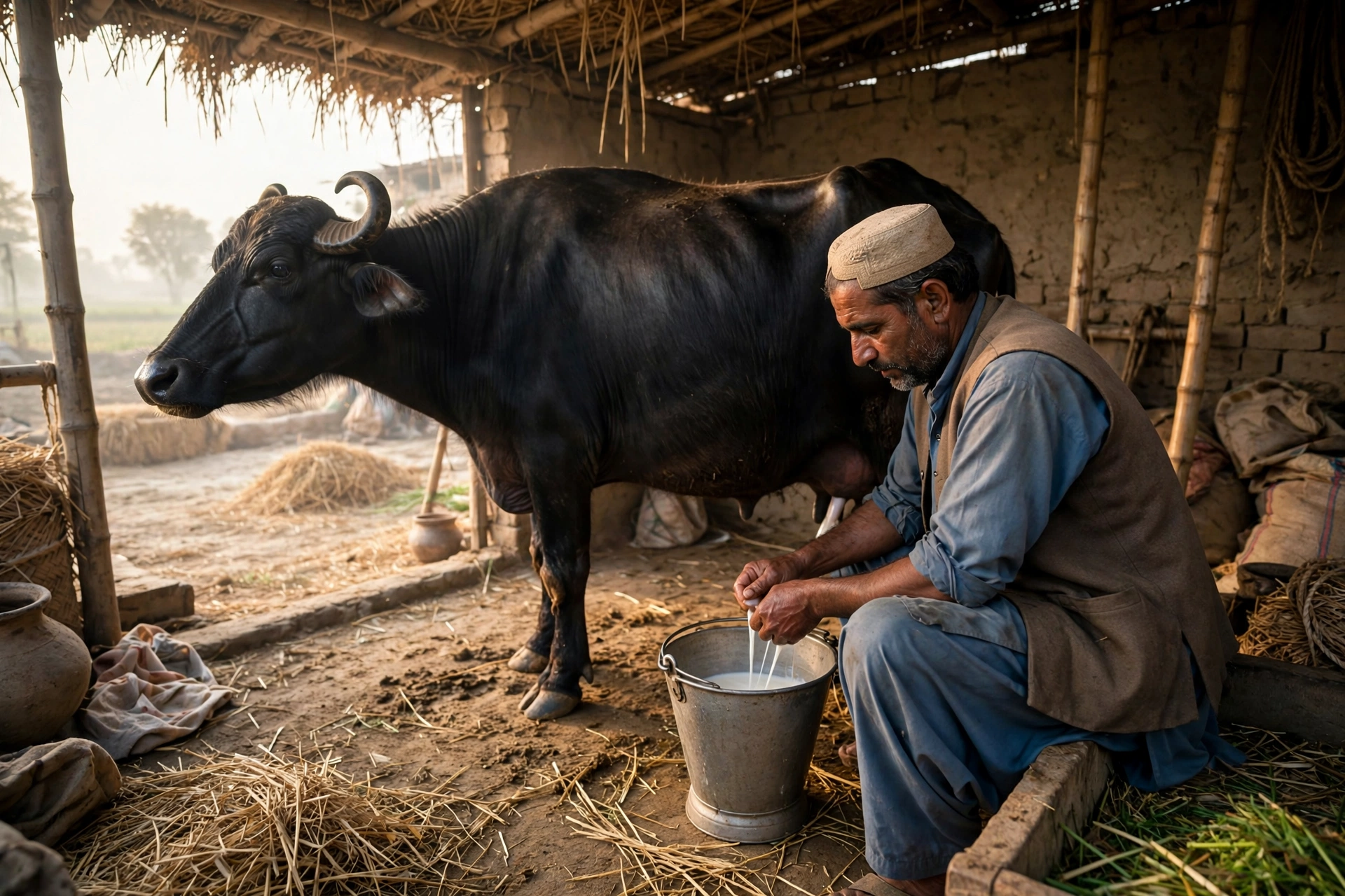Farmer hand-milking a buffalo in a village shed