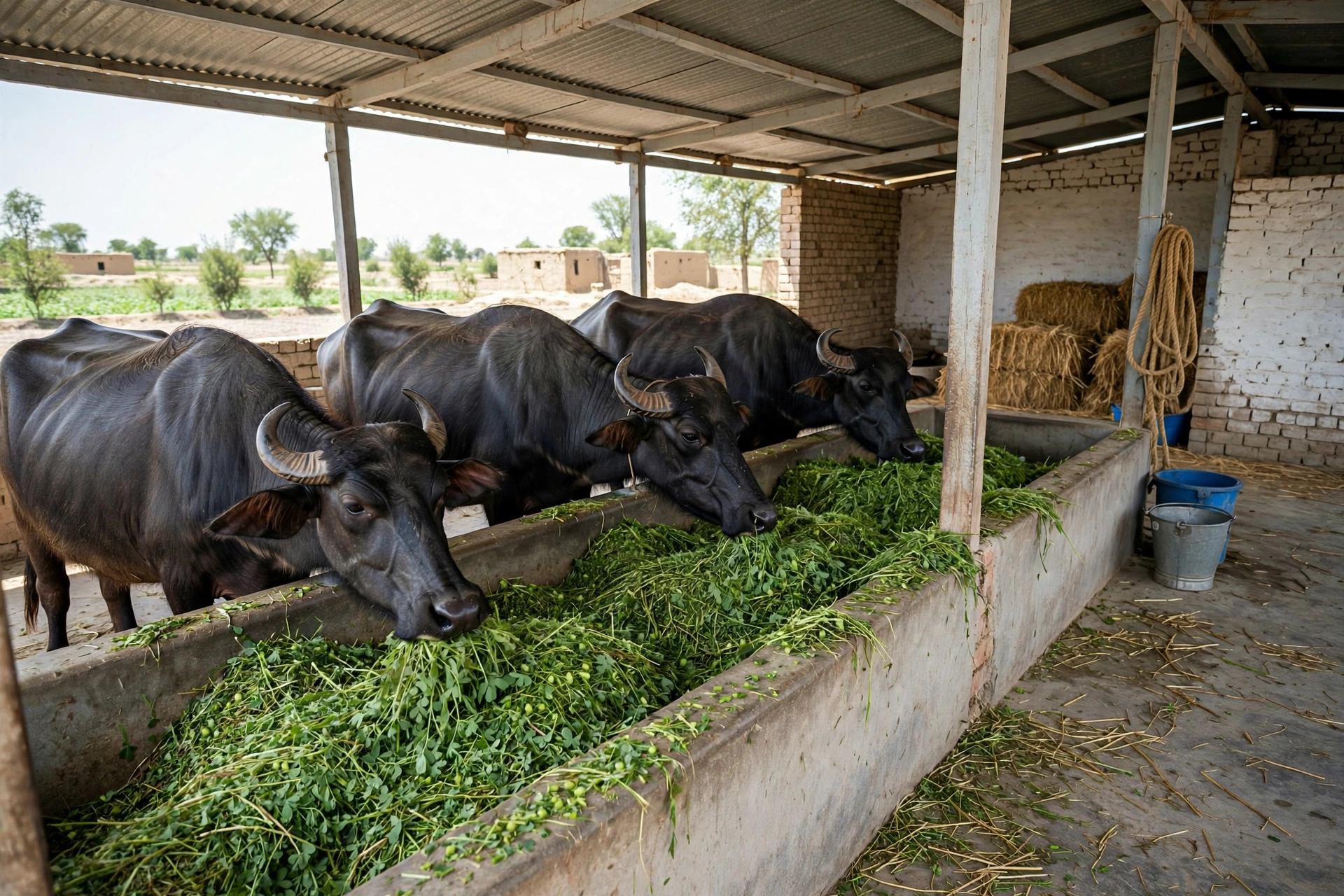Buffaloes eating green fodder from a feeding trough
