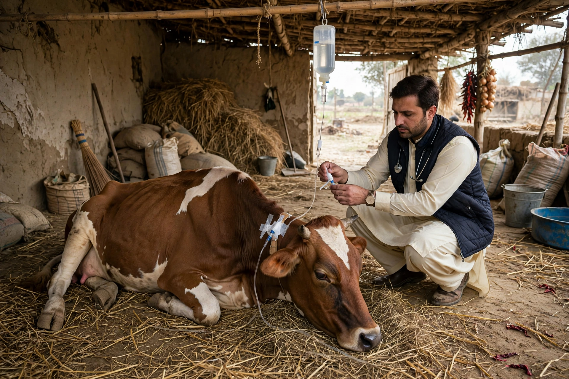 Veterinarian treating milk fever cow with IV calcium drip