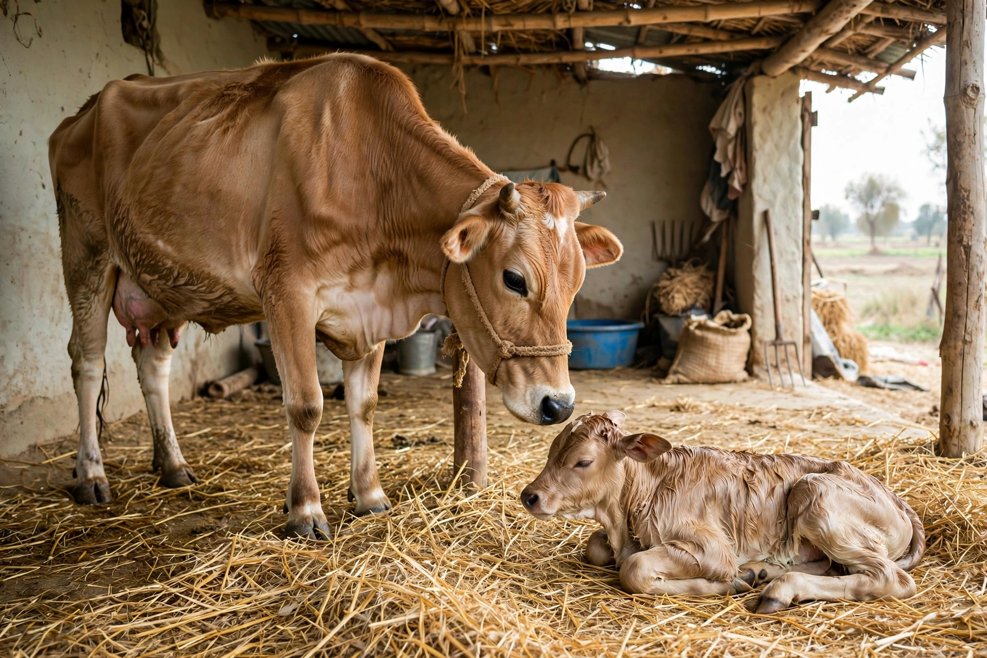 Cow with newborn calf in a calving shed