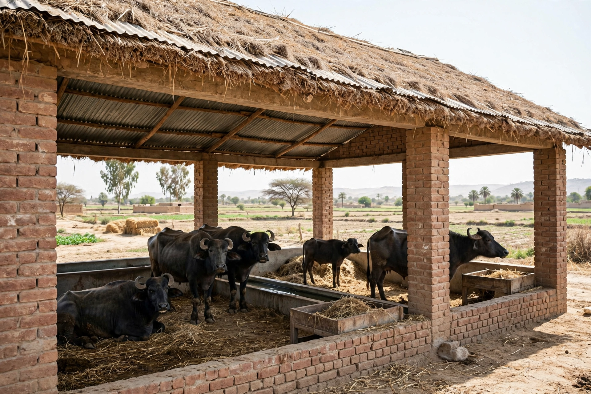Low-cost brick and thatch buffalo shed