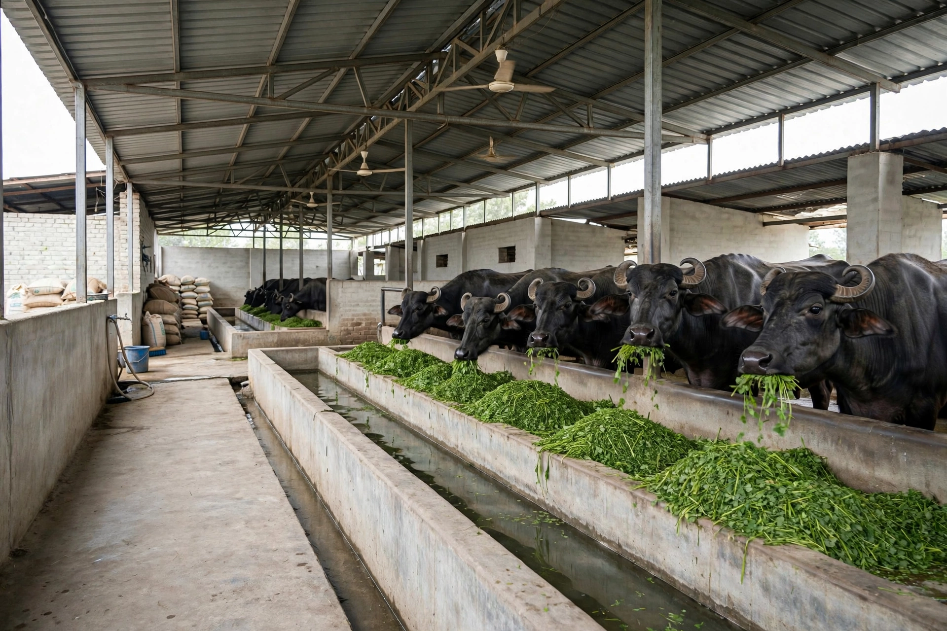 Buffaloes eating green fodder from a long feeding manger in a shed