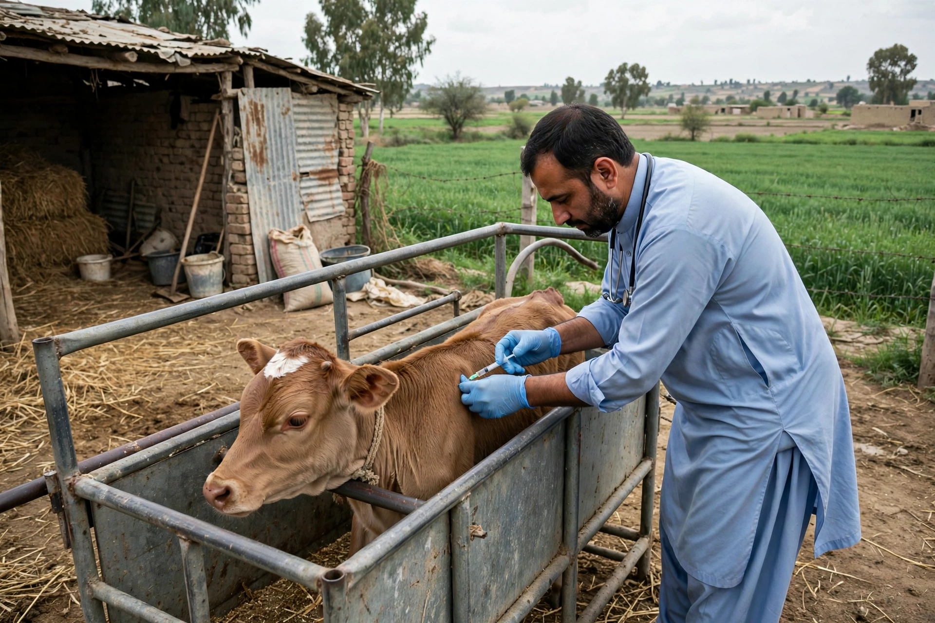 Veterinarian giving vaccine injection to calf in cattle crush