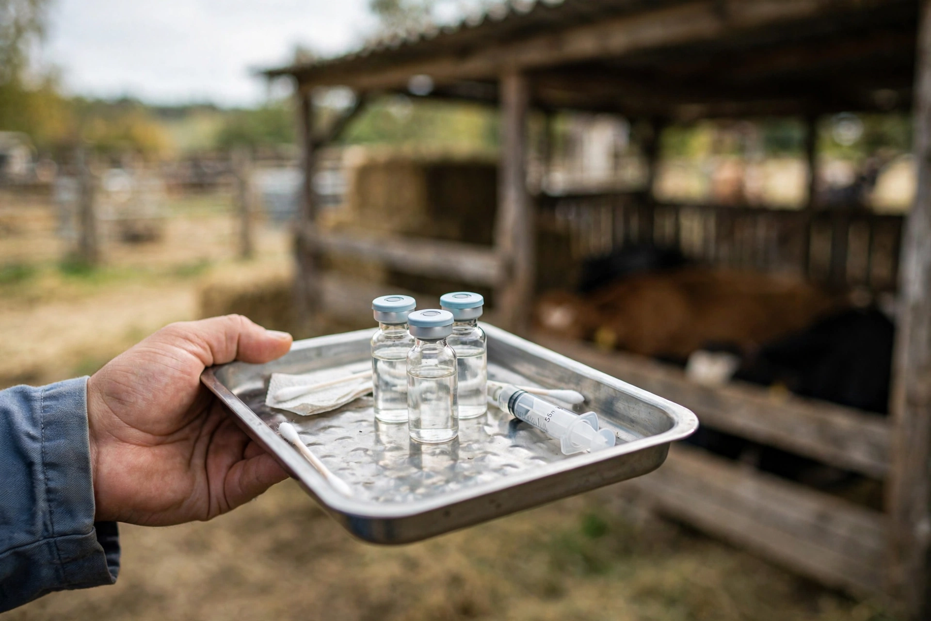 Vaccine vials and syringe on metal tray at a dairy farm