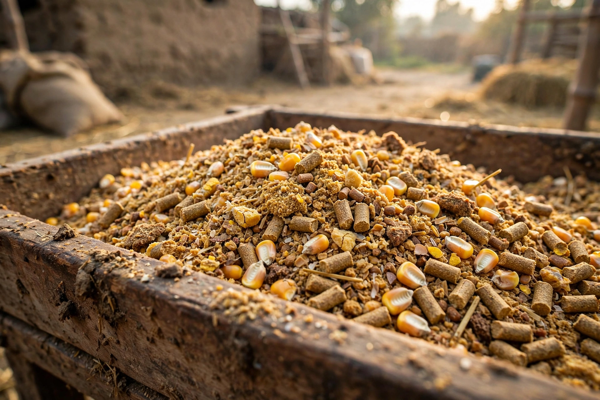 Mixed concentrate vanda feed in a wooden feeding trough