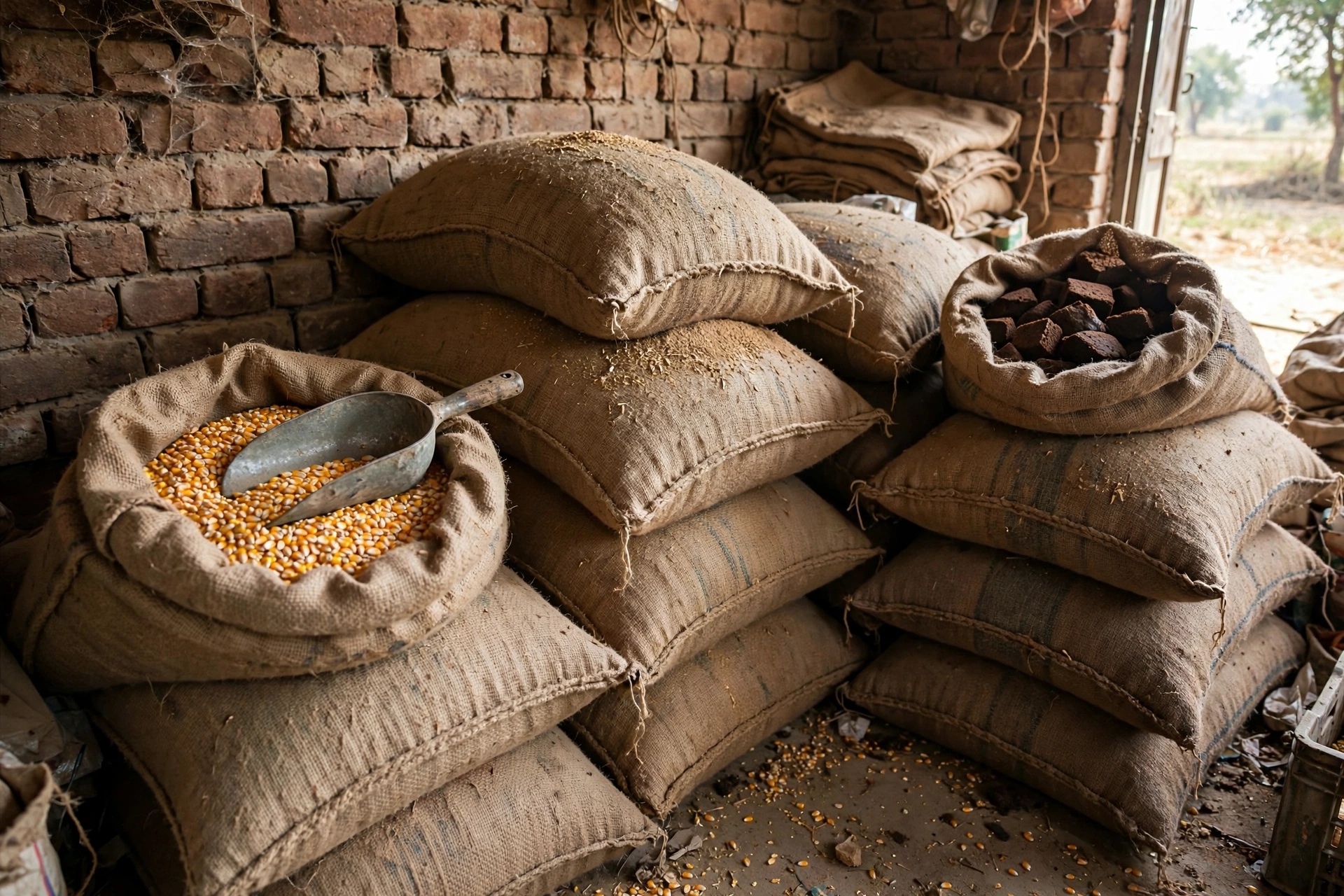 Sacks of maize, wheat bran and oilseed cake stacked in a farm store