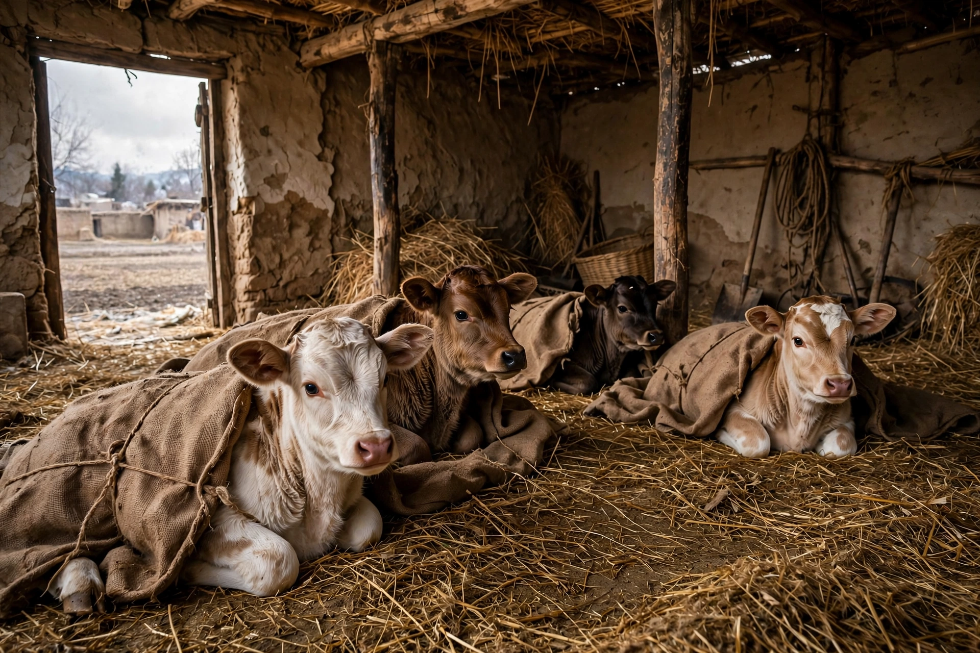 Calves wrapped in gunny sack covers on straw