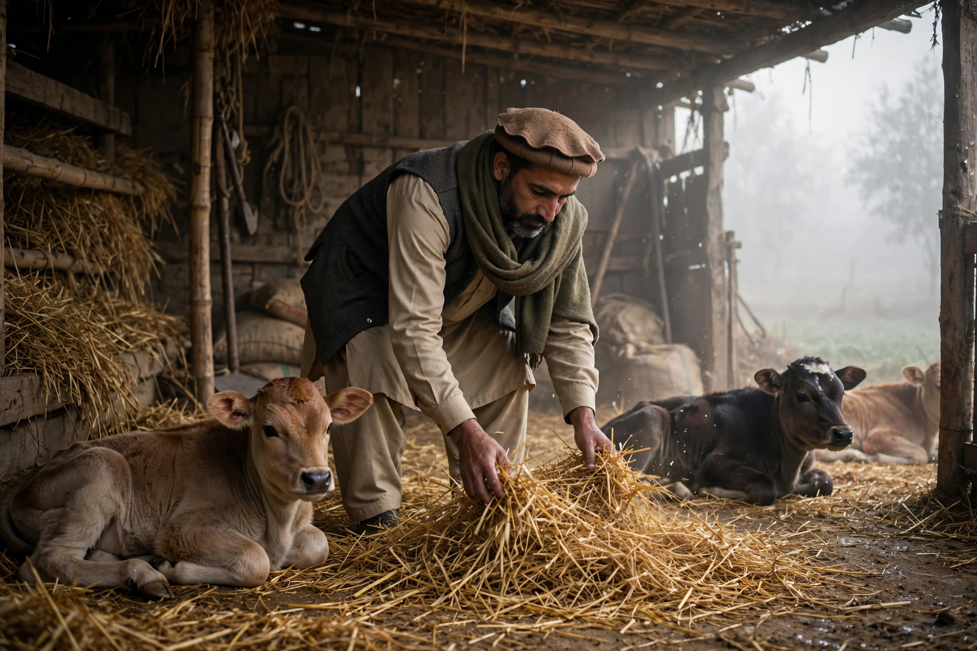 Farmer spreading straw bedding for calves in a winter shed